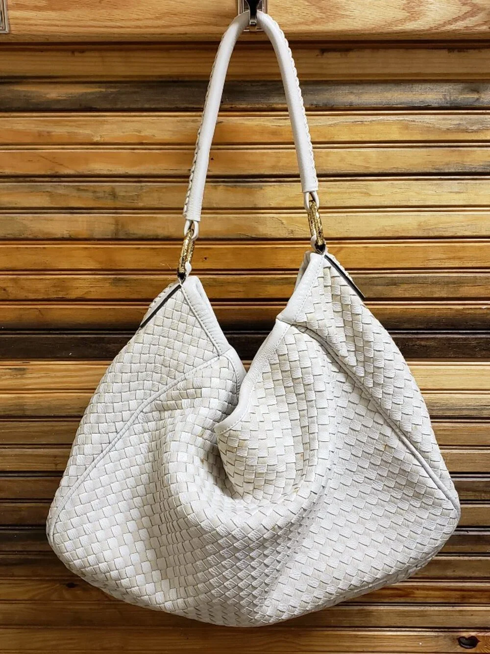 Antonio Melani White Woven Intrecciato Style Leather Hobo Bag Braided Handle